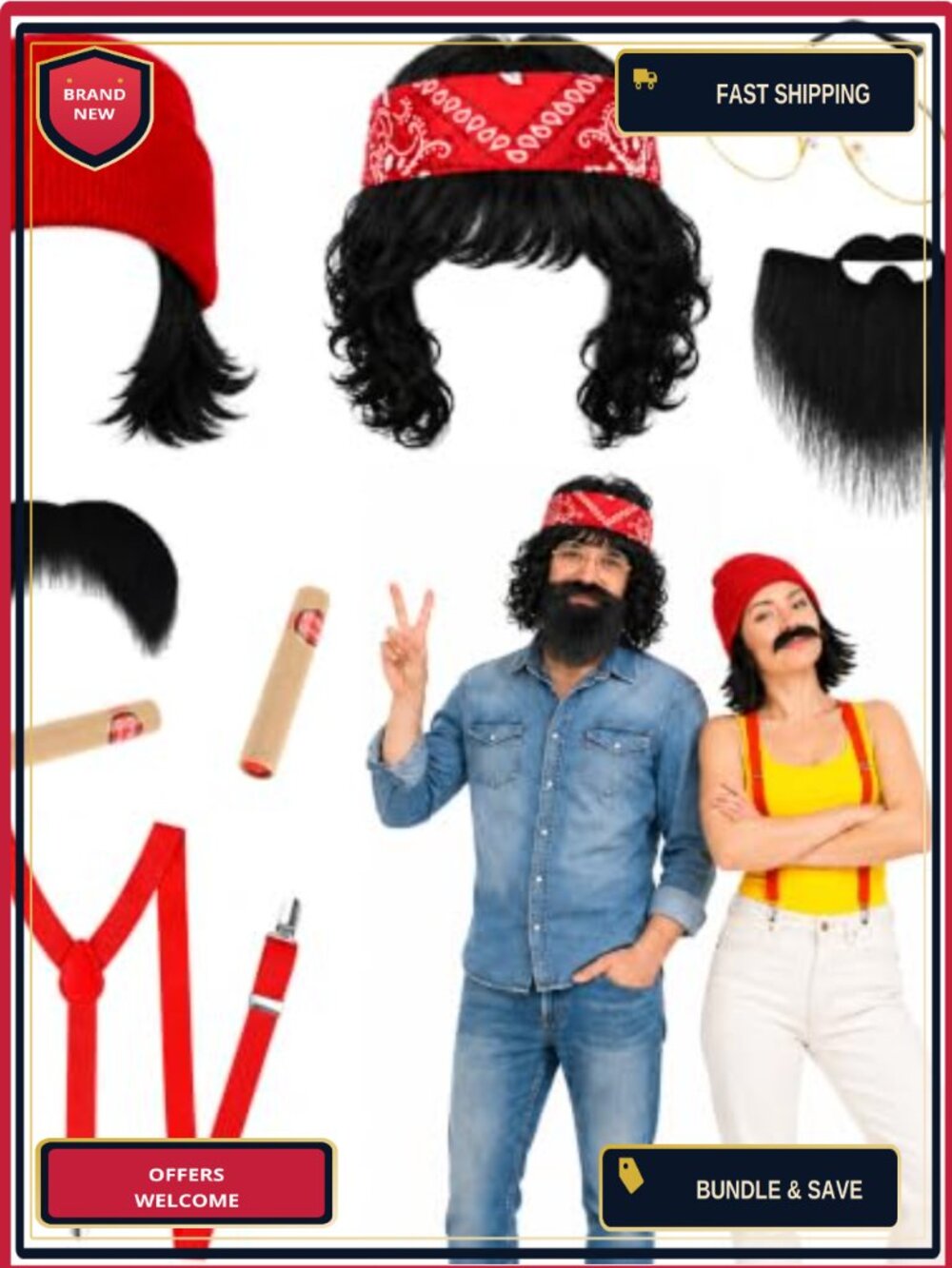 Halloween Partner Costume Set Wigs Glasses Bandana Mustache Beanie Suspenders